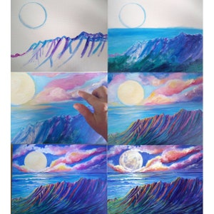 May include: A series of six paintings depicting a landscape with mountains, a moon, and clouds. The first painting shows the initial sketch, while the others show the progression to a finished piece with vibrant colors of blue, purple, pink, and yellow.