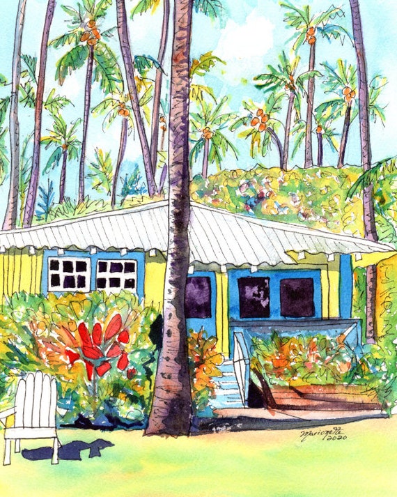 Kauai Yellow Plantation Cottage Art Print, Hawaiian decor