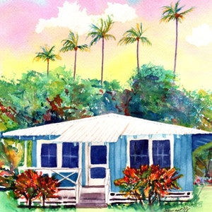 May include: Watercolor painting of a light blue house with a white roof and white trim. The house has three windows and a front door. There are palm trees in the background and red flowers in the front yard. The painting is signed "marjorie 2018".