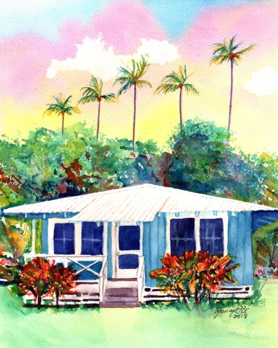 Hawaii Decor, Plantation House Art, Kauai Painting, Hawaii Art Print, Tropical Art, Old Plantation Cottage, Kauai Art