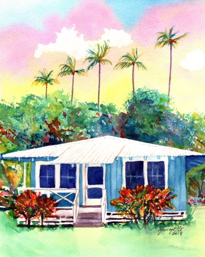 May include: Watercolor painting of a light blue house with a white roof and white trim. The house has three windows and a front door. There are palm trees in the background and red flowers in the front yard. The painting is signed "marjorie 2018".