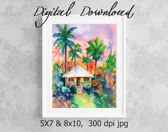 Hawaiian Cottage Print Digital Download 8x10 5x7 jpg Watercolor Print Printable wall art Hawaii Decor Hawaiian House Print it now at home