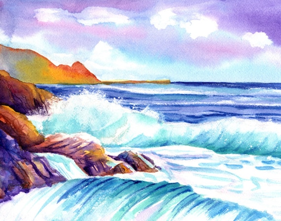 Kauai North Shore Beach with Ocean Waves Art Print Hawaiian Seascape