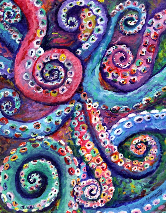 Tako Octopus, Original Acrylic Painting, Hawaii Art, Abstract Ocean Life, Rainbow Octopus, Kids Room, Kauai Artist, Hawaiian Decor Tentacles