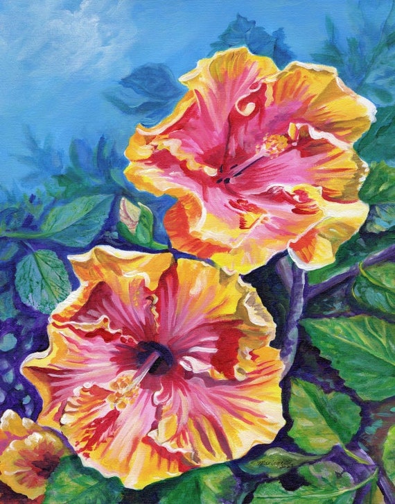 Pink and Yellow Hibiscus Art Print Wall Decor