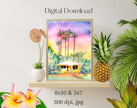 Yellow Kauai Cottage, Downloadable Print jpg, Hawaiian Decor, wall art, vacation house, digital download, printable, digital art print