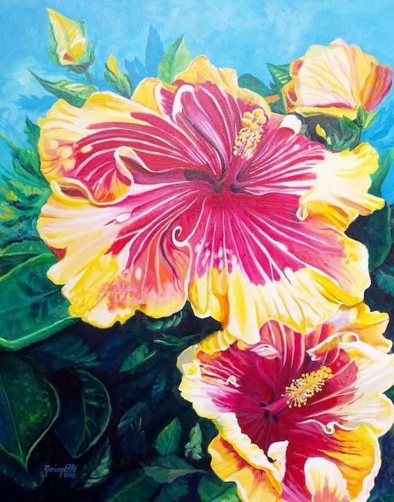 Hibiscus Art Print, Tropical Flower Painting, Kauai Artist, Hawaii Artwork, Hawaiian Decor, Love Aloha, Maui Oahu Souvenir, Yellow Red