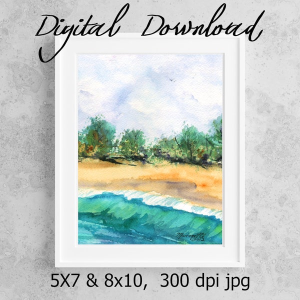 Kauai Beach Print Digital Download 8x10 5x7 jpg Watercolor Print Printable wall art Downloadable Ocean Hawaiian Beach Print it out at home