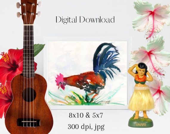 Rooster Downloadable Print jpg, watercolor animals, wall art, chicken, digital download, printable, art print, hawaii kauai oahu maui