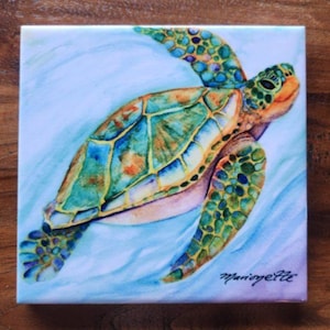 Azulejo de cerámica con forma de tortuga marina nadando, arte de Kauai, Hawái, de Marionette, Trivet