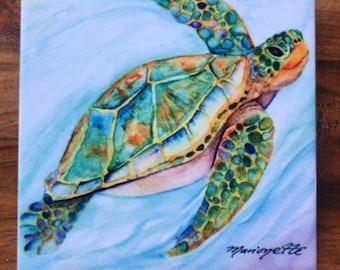 Swimming Sea Turtle Ceramic Tile, Kauai Hawaii Art by Marionette, Trivet