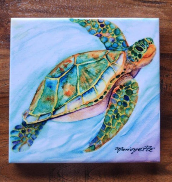 Swimming Sea Turtle Ceramic Tile, Kauai Hawaii Art by Marionette, Trivet