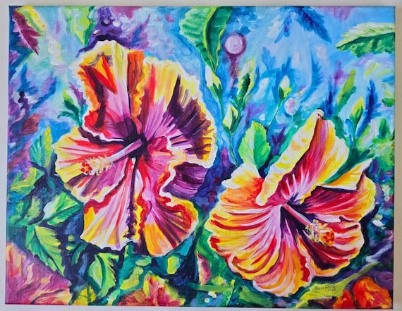 Colorful Hawaiian Hibiscus Original Acrylic Painting from Kauai Hawaii, Impressionist Modern Decor