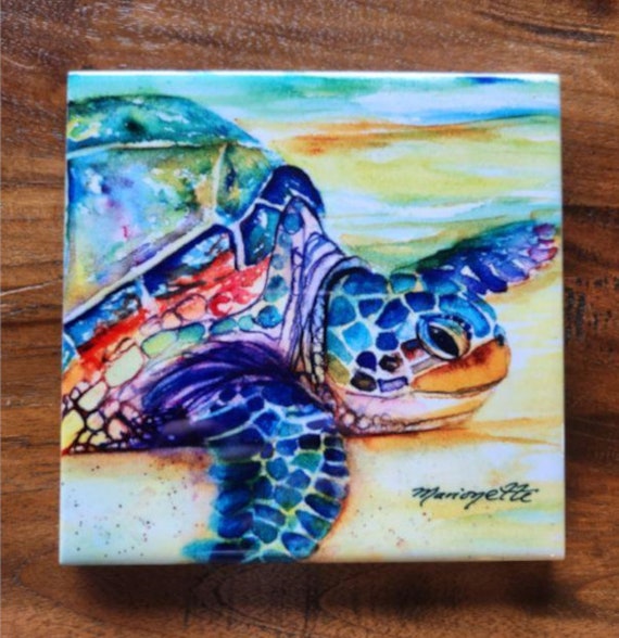 Beach Sea Turtle of Hawaii Ceramic Tile, Kauai Art by Marionette, Trivet