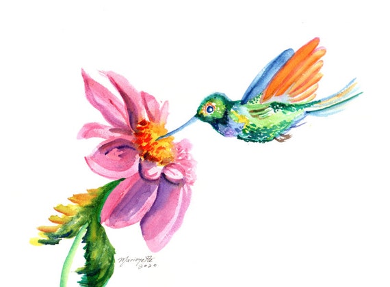 Hummingbird art print, watercolor bird with flower, flying hummingbird, handmade print for bird lovers, whimsical wall decor