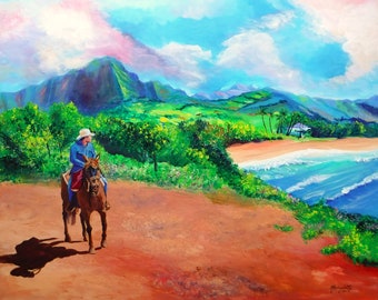 Puede incluir: Una pintura de una persona montando a caballo en un camino de tierra con vistas a una playa con agua azul y montañas verdes en el fondo.