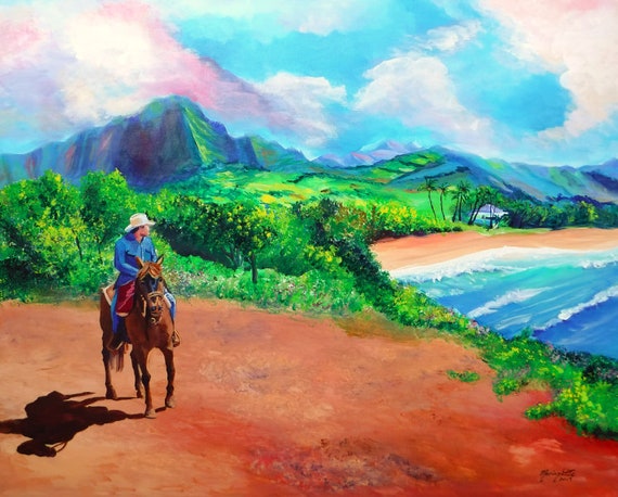 Kauai Art Print, Hawaii Art, Hawaii Decor, Ocean Art, Hawaiian wall art, Gillin's Beach, Cowboy Art, Hawaii Painting, Mountain Painting