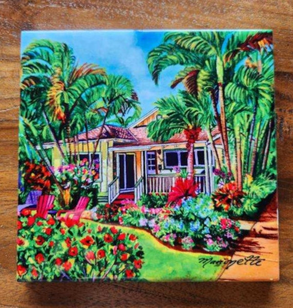 Kauai Vacation Cottage Ceramic Tile, Kauai Hawaii Art by Marionette, Trivet