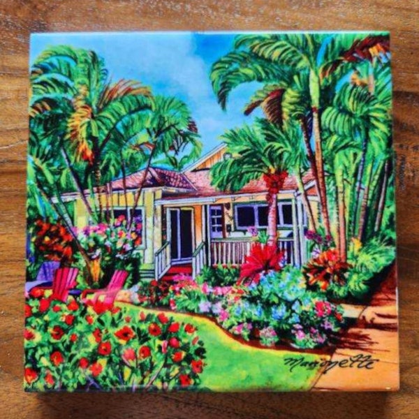 Kauai Vacation Cottage Ceramic Tile, Kauai Hawaii Art by Marionette, Trivet