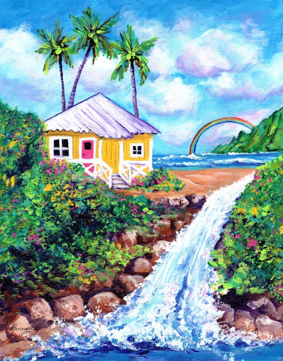 Waterfall Cottage, Kauai Print, Kauai Painting, Hawaii Wall Art, Beach  House, Rainbow, Hawaiian Decor Decor, Hawaiian Art, Kauai Artist -   Canada