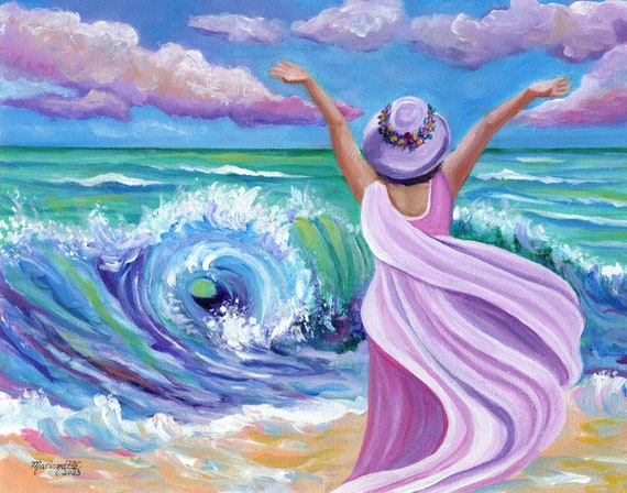 Lady at the Beach, Hawaii Print, Hawaiian Seascape, Tropical Art, Exhilaration, Bliss, Happy, Ocean Wave, Kauai Beach Painting