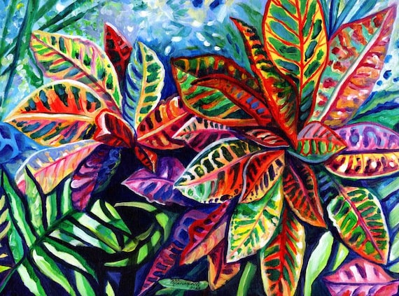Rainbow Colored Crotons from  Kauai Hawaii Original Acrylic Painting, Hawaiian Wall Art, Eden's Palette