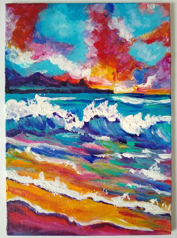 Na Pali Coast Sunset Original Acrylic Painting on 5x7 Canvas Panel Mini Kauai Painting