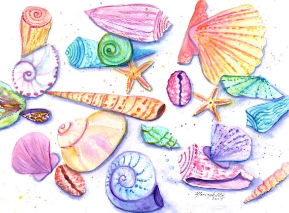 Seashell decor, Seashell Art, Sea Shells, Sea Shell Art, Seashell watercolor, Ocean Art, Beach Decor, Nursery Ocean Theme Art, Kids room
