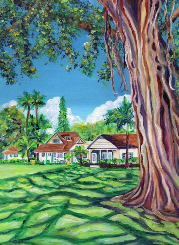 Managers Cottage with Banyan Tree at Waimea Plantation Cottages Art Print from Kauai Hawaii