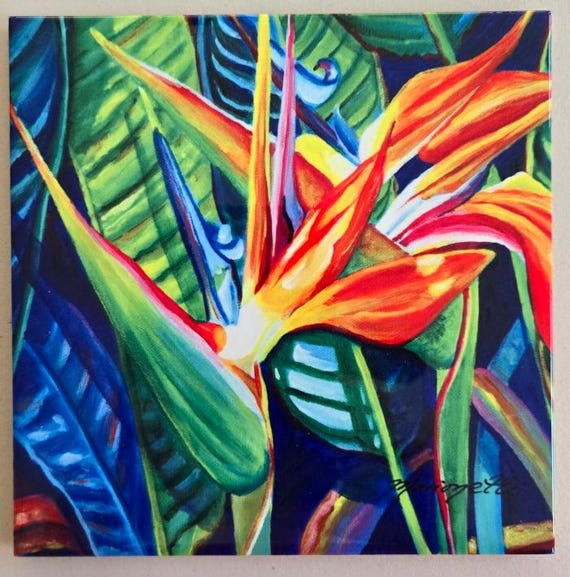 Radiant Bird of Paradise Ceramic Tile, Kauai Hawaii Art by Marionette, Trivet