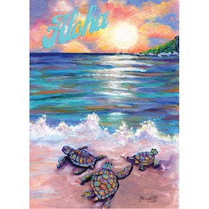 Hawaii Aloha Digitale Karte, Baby Meeresschildkröten, Hawaiianischer Liebesgruß, druckbar, DIY PDF 5x7, selbst drucken, tropischer Strand, honu
