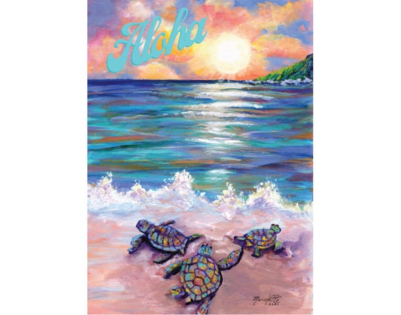Hawaii Aloha Digital Card, Baby Sea Turtles, Hawaiian Love Greeting, Printable, DIY PDF 5x7, print it yourself, tropical beach, honu