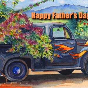 Printable DIY Father's Day card 5x7 pdf Kauai Old Truck by Marionette Hanapepe Bougainvillia Flames