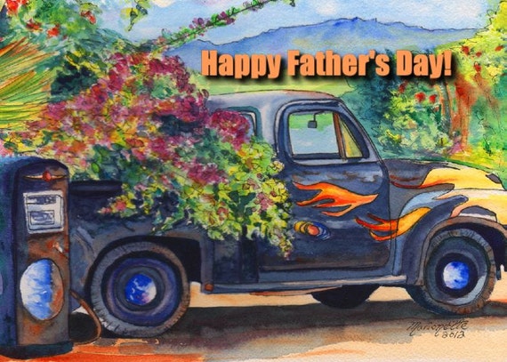 Printable DIY Father's Day card 5x7 pdf Kauai Old Truck by Marionette Hanapepe Bougainvillia Flames