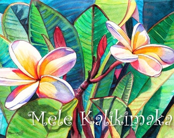 Plumeria Mele Kalikimaka Card, Hawaiian Christmas, Xmas Cards, DIY Printable 5x7 PDF, Hawaii Holiday Vacation, Tropical Flower