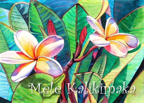 Plumeria Mele Kalikimaka Card, Hawaiian Christmas, Xmas Cards, DIY Printable 5x7 PDF, Hawaii Holiday Vacation, Tropical Flower