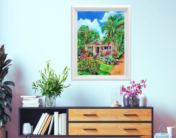 Baby Beach Bungalow, Large Art Print, 16x20 18x24 24x30, Hawaiian Art, Kauai Decor, Hawaii Prints, Tropical House, Plantation Cottage