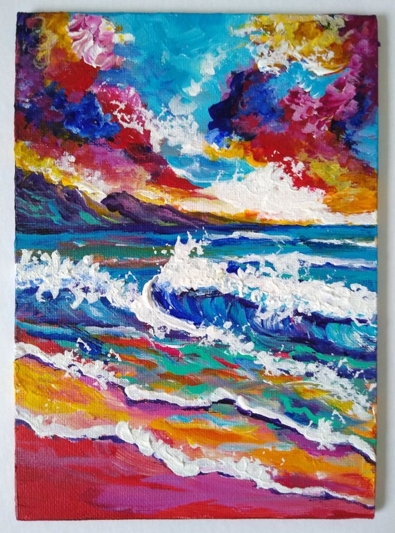 Hawaii Seascape Original Acrylic Painting on 5x7 Canvas Panel Mini Kauai Painting