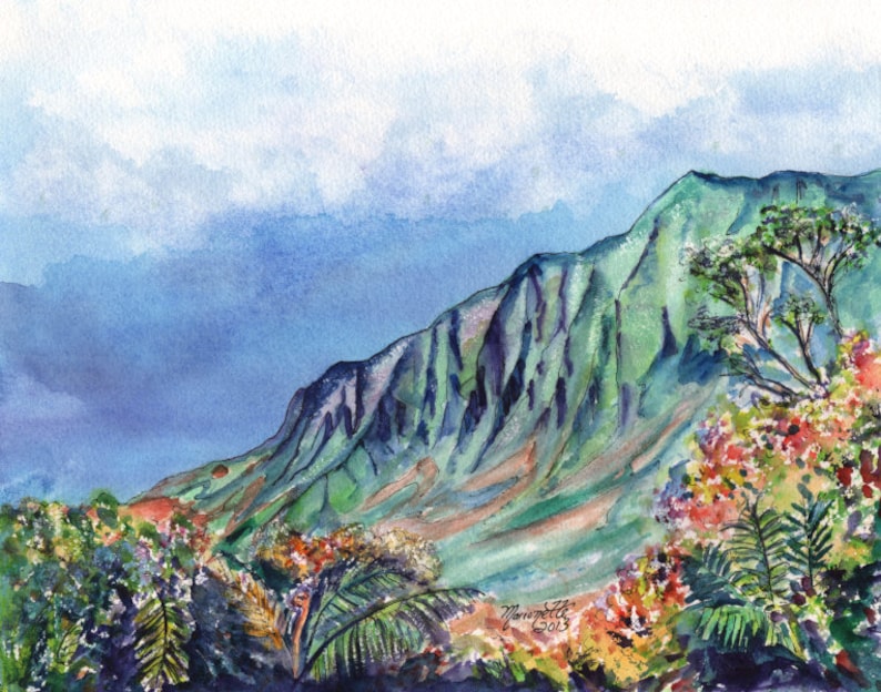 May include: Watercolor painting of a lush green mountain range under a cloudy blue sky. The foreground features colorful tropical foliage with red, orange, and green hues. The artwork is signed and dated 2013.