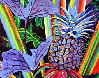 May include: A vibrant painting of a pineapple surrounded by colorful, striped leaves. The pineapple is blue and purple, while the leaves are a mix of green, yellow, red, and blue.