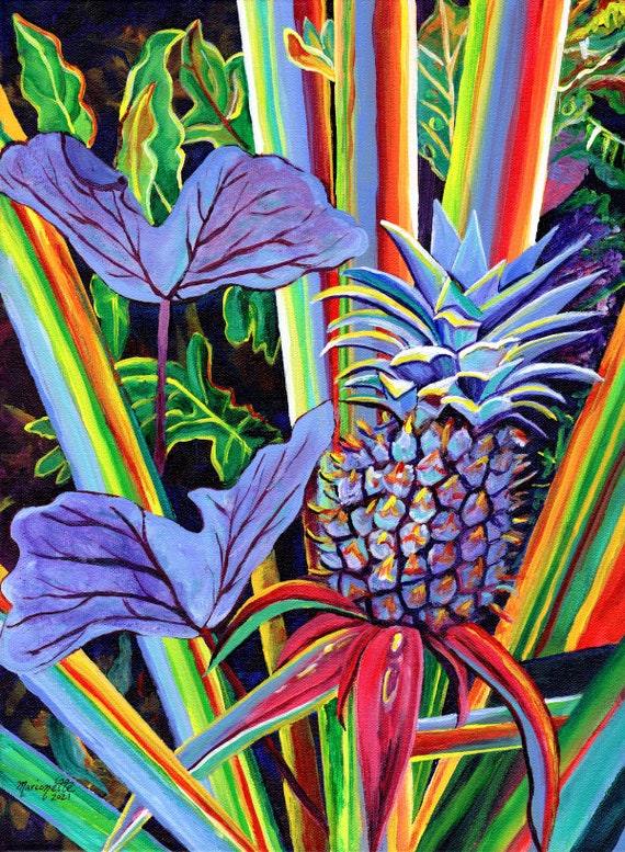 Pineapple and Taro Leaves Print, Hawaiian Garden Art, Tropical Plant Painting, Colorful Pineapple, Kalo Leaves art, Hawaii Kauai Oahu Maui