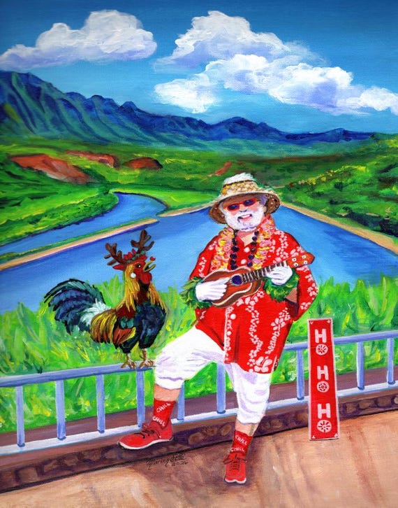 Mele Kalikimaka Cottage Hawaiian Santa Art Print from Kauai, Hawaii by Marionette Taboniar