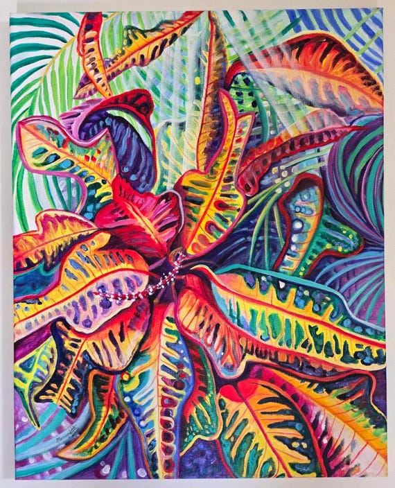 Abstract Colorful Tropical Croton Plant, Kauai Original Acrylic Painting, Hawaiian Art
