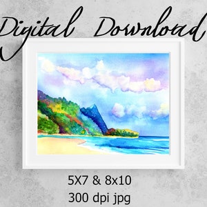 May include: A digital download of a watercolor painting of a tropical beach scene with a mountain range in the background. The sky is blue with white clouds and the water is turquoise. The beach is white sand. The painting is available in 5x7 and 8x10 sizes at 300 dpi.