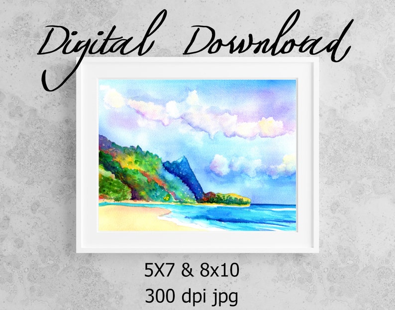May include: A digital download of a watercolor painting of a tropical beach scene with a mountain range in the background. The sky is blue with white clouds and the water is turquoise. The beach is white sand. The painting is available in 5x7 and 8x10 sizes at 300 dpi.