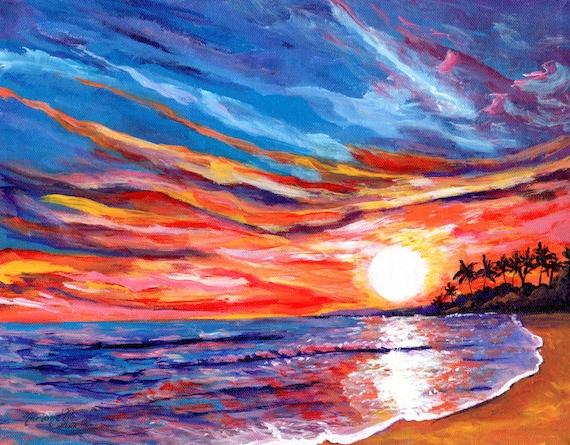 Kauai Sunset Painting, Hawaiian Art, Kauai Art Print, Hawaii Wall Art,  Tropical Scenery, Vibrant Sunset, Beach, Glowing, Salt Pond Beach 