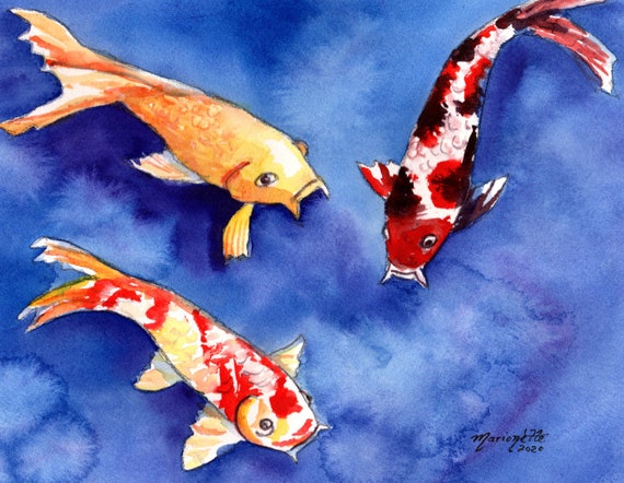 Hawaii Koi Art, Koi Wall Art, Koi Decor, Koi Fish Original Watercolor, Koi Painting, Japanese Koi, Swimming Koi, Fathers Day Gift