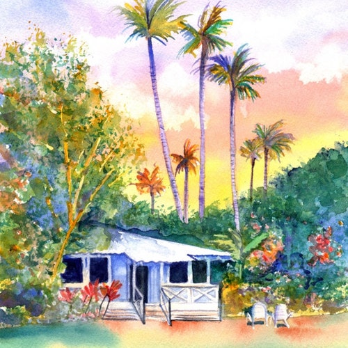 Pink Cottage Hawaiian Paintings Art Print Kauai Art. Hawaii Etsy