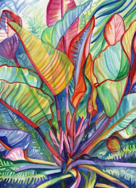 Colorful Tropical Leaves Original Watercolor Painting, Red Leaved Banana Plant from Kauai Hawaii