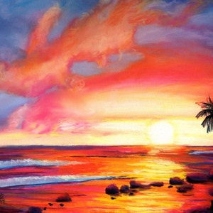 Coucher de soleil Kauai, impression du paysage marin de Kauai, art du coucher de soleil sur la plage, art de Kauai, peintures d’Hawaï, coucher de soleil coloré, coucher de soleil sur la plage, œuvres d’art de Kauai